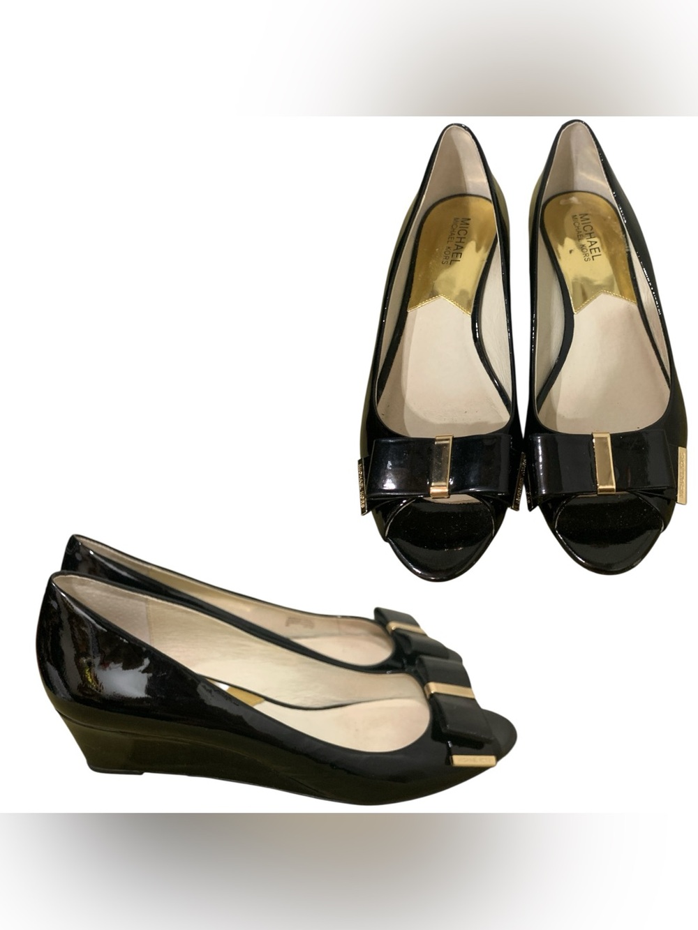 Michael Kors Black Patent Bow Wedge Pumps with Gold Accent S9